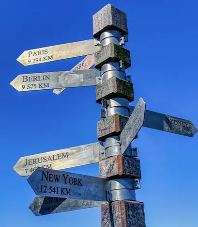 Decorative image of a signpost pointing to major world cities including Paris, Berlin, Jerusalem, New York, Sydney